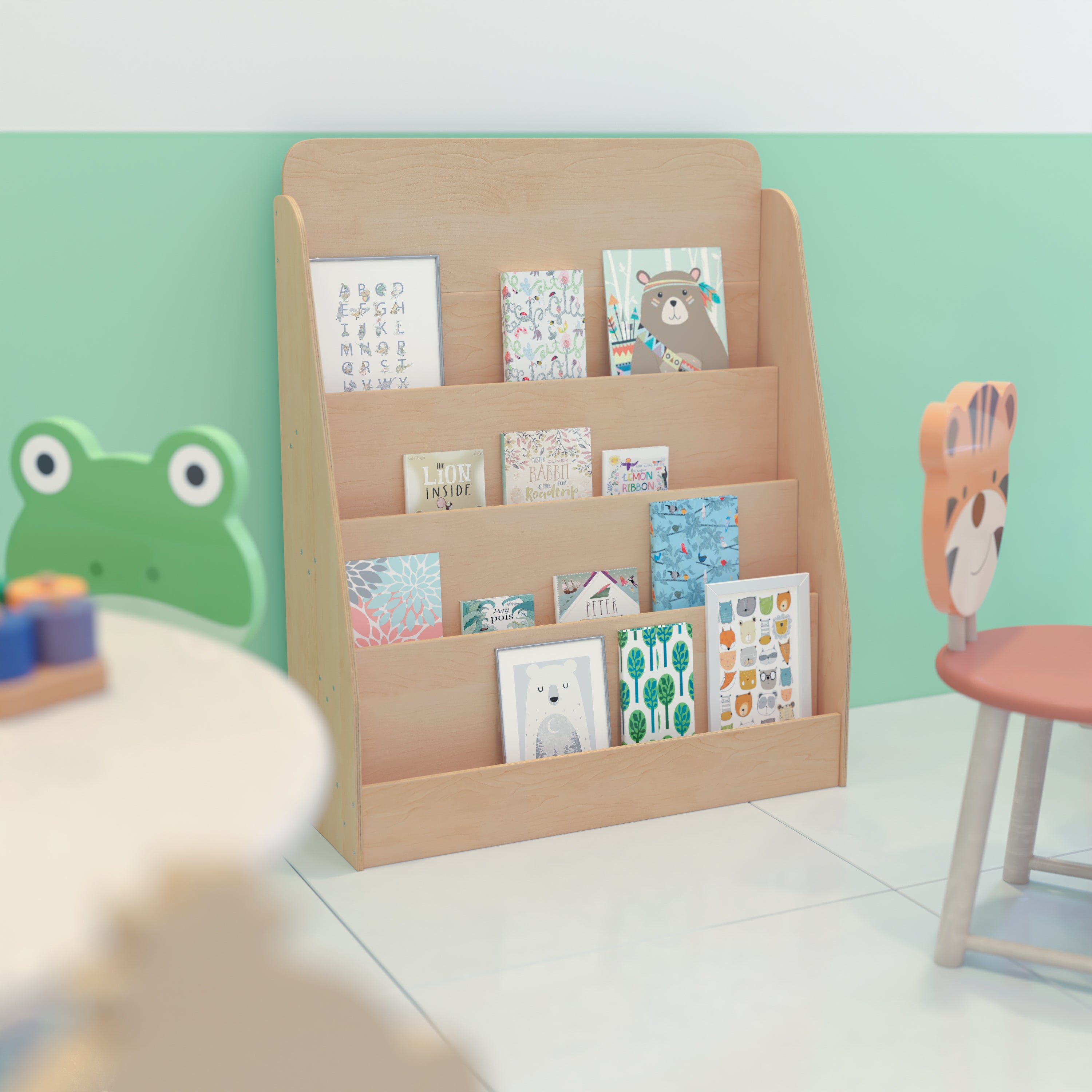 Hercules 4 Shelf Single-Sided Kids Natural Wooden Book & Magazine Display Stand - Safe, Kid Friendly Design for Commercial or Home Use