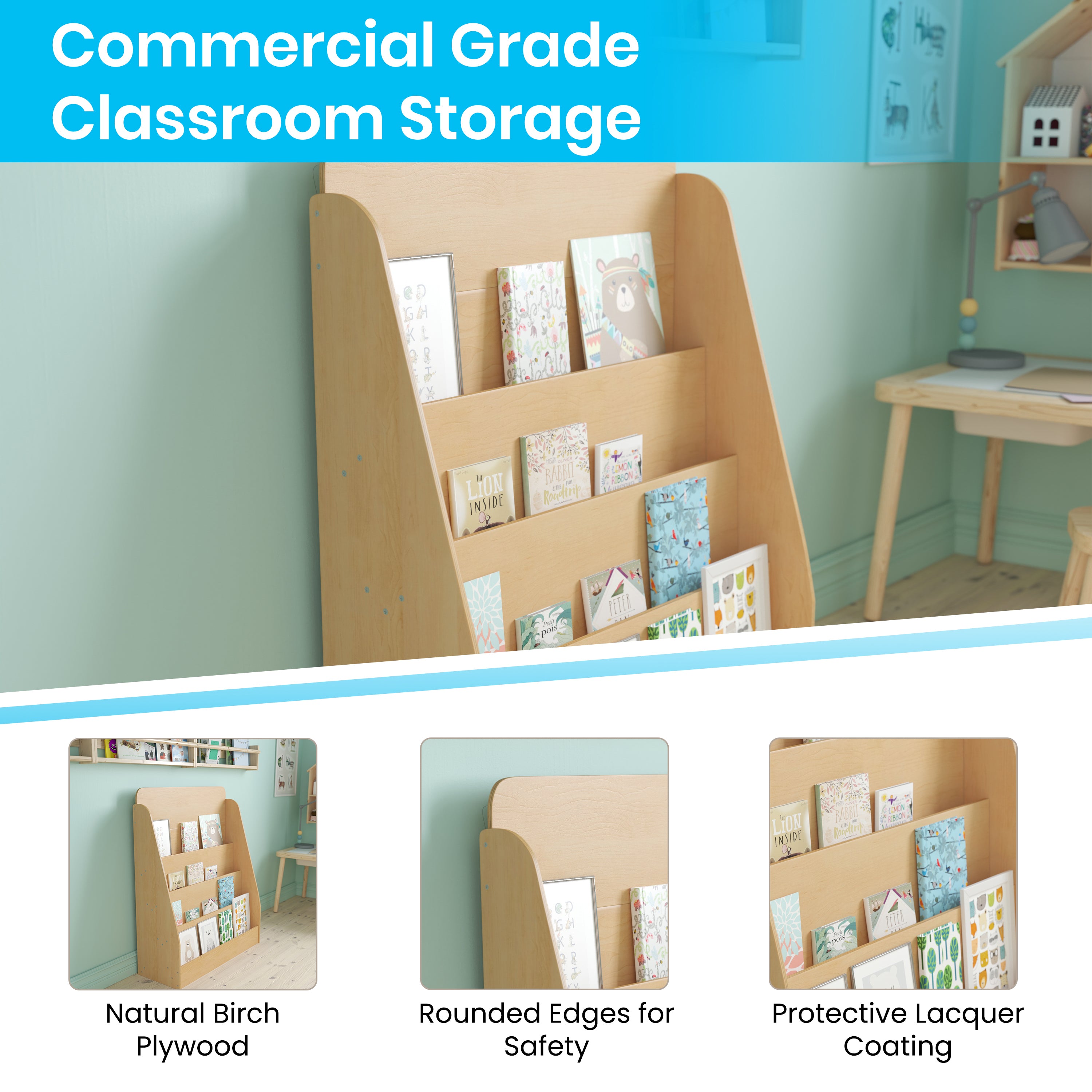 Hercules 4 Shelf Single-Sided Kids Natural Wooden Book & Magazine Display Stand - Safe, Kid Friendly Design for Commercial or Home Use