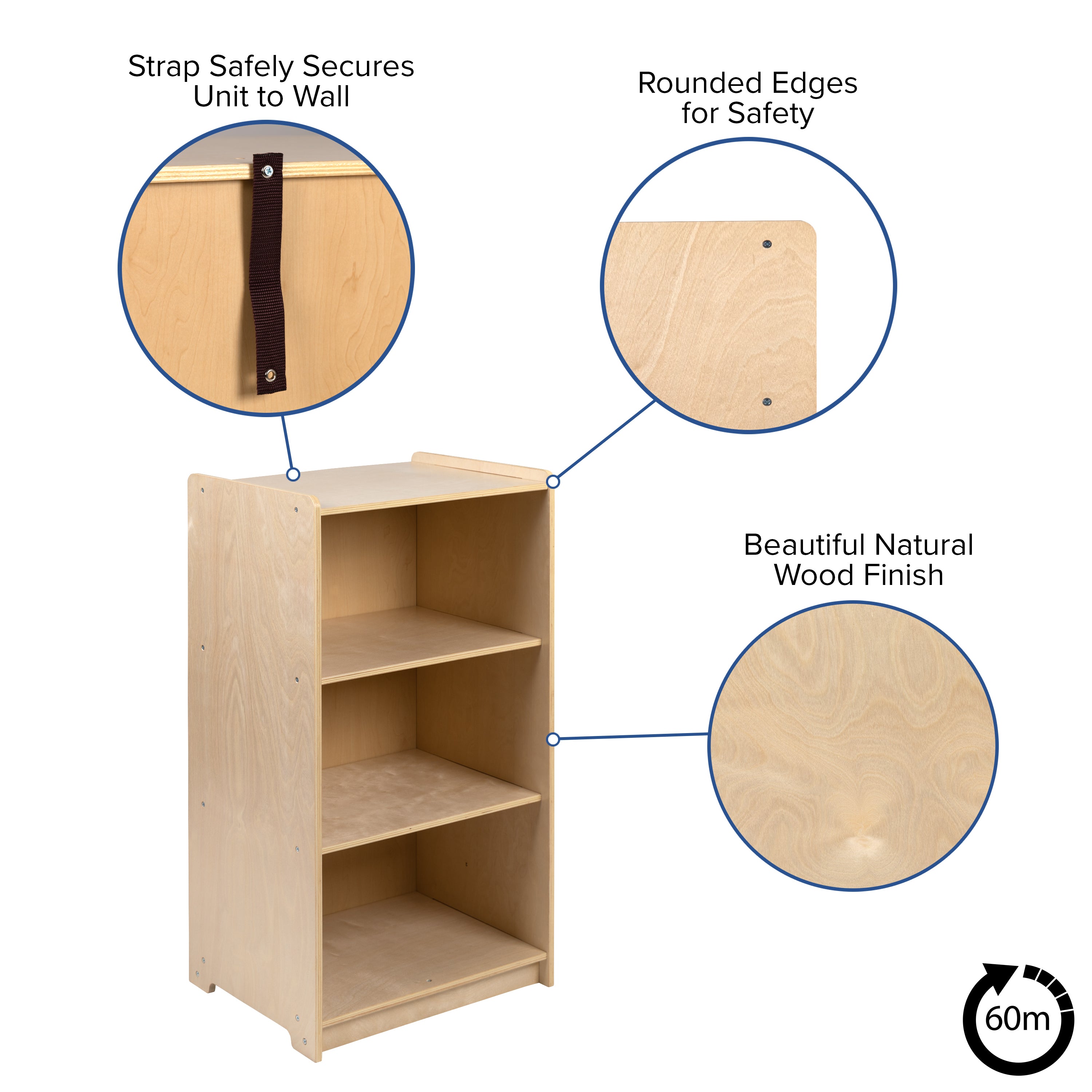 Hercules Wooden 3 Section School Classroom Storage Cabinet for Commercial or Home Use - Safe, Kid Friendly Design - 36"H (Natural)