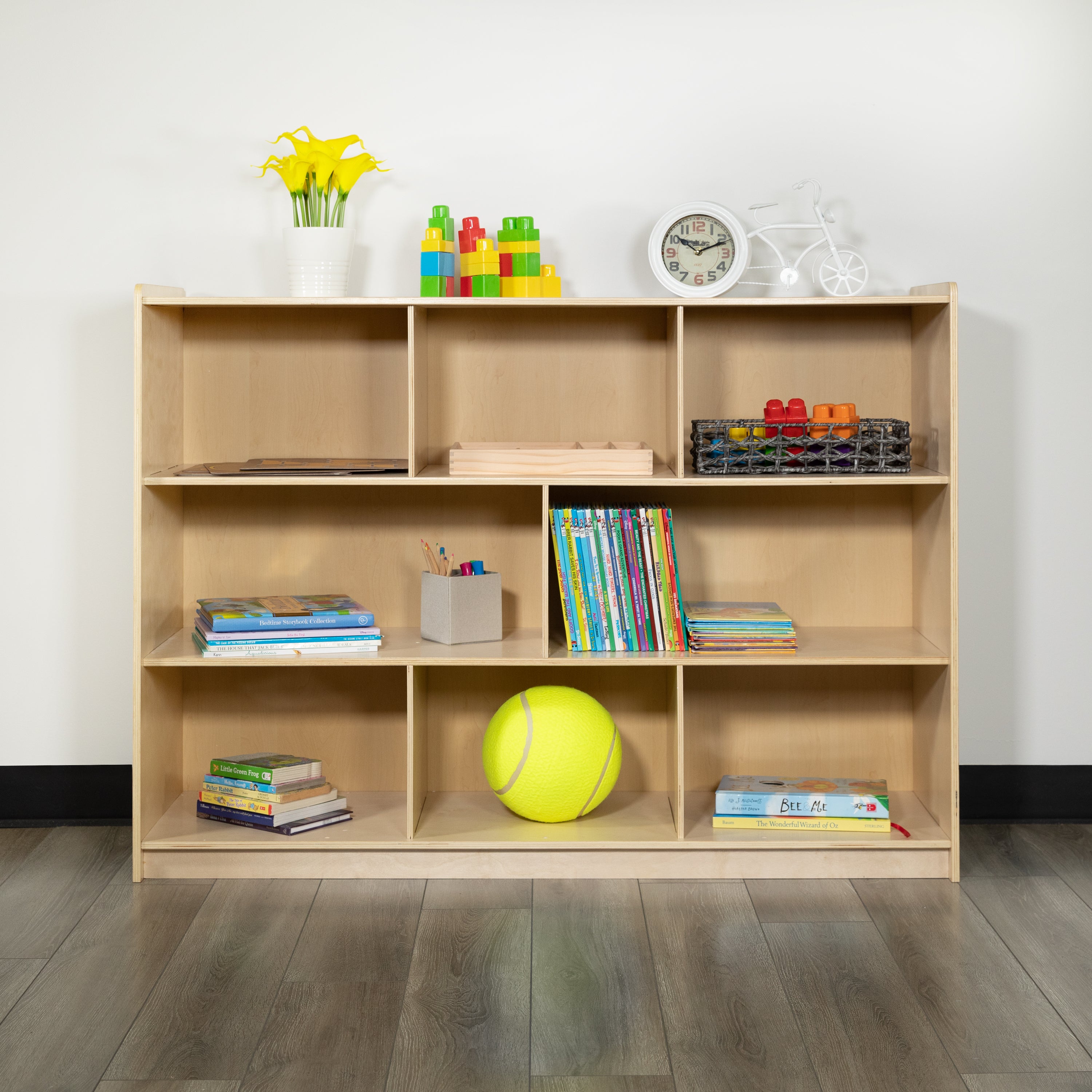 Hercules Wooden 8 Section School Classroom Storage Cabinet for Commercial or Home Use - Safe, Kid Friendly Design - 36"H (Natural)