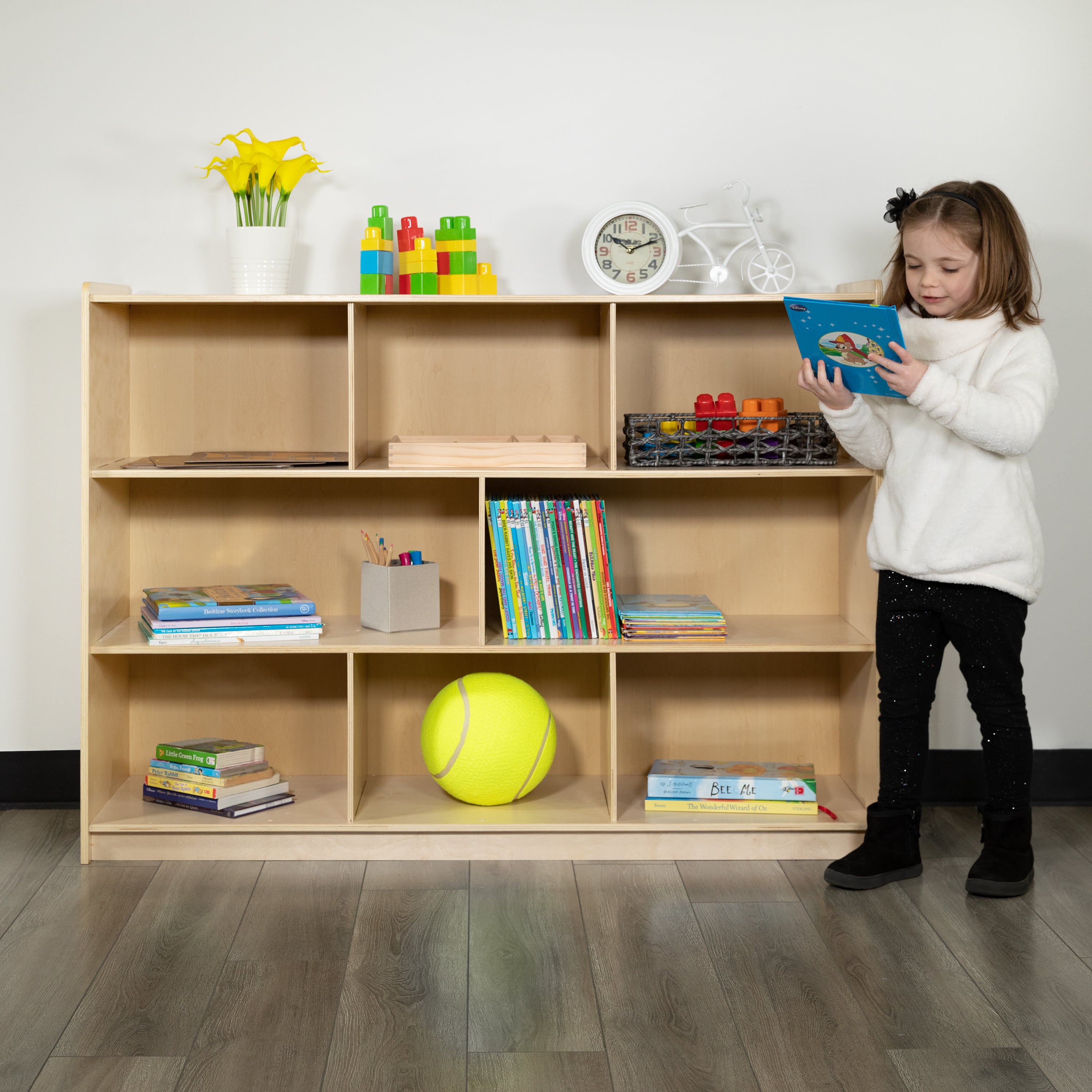 Hercules Wooden 8 Section School Classroom Storage Cabinet for Commercial or Home Use - Safe, Kid Friendly Design - 36"H (Natural)