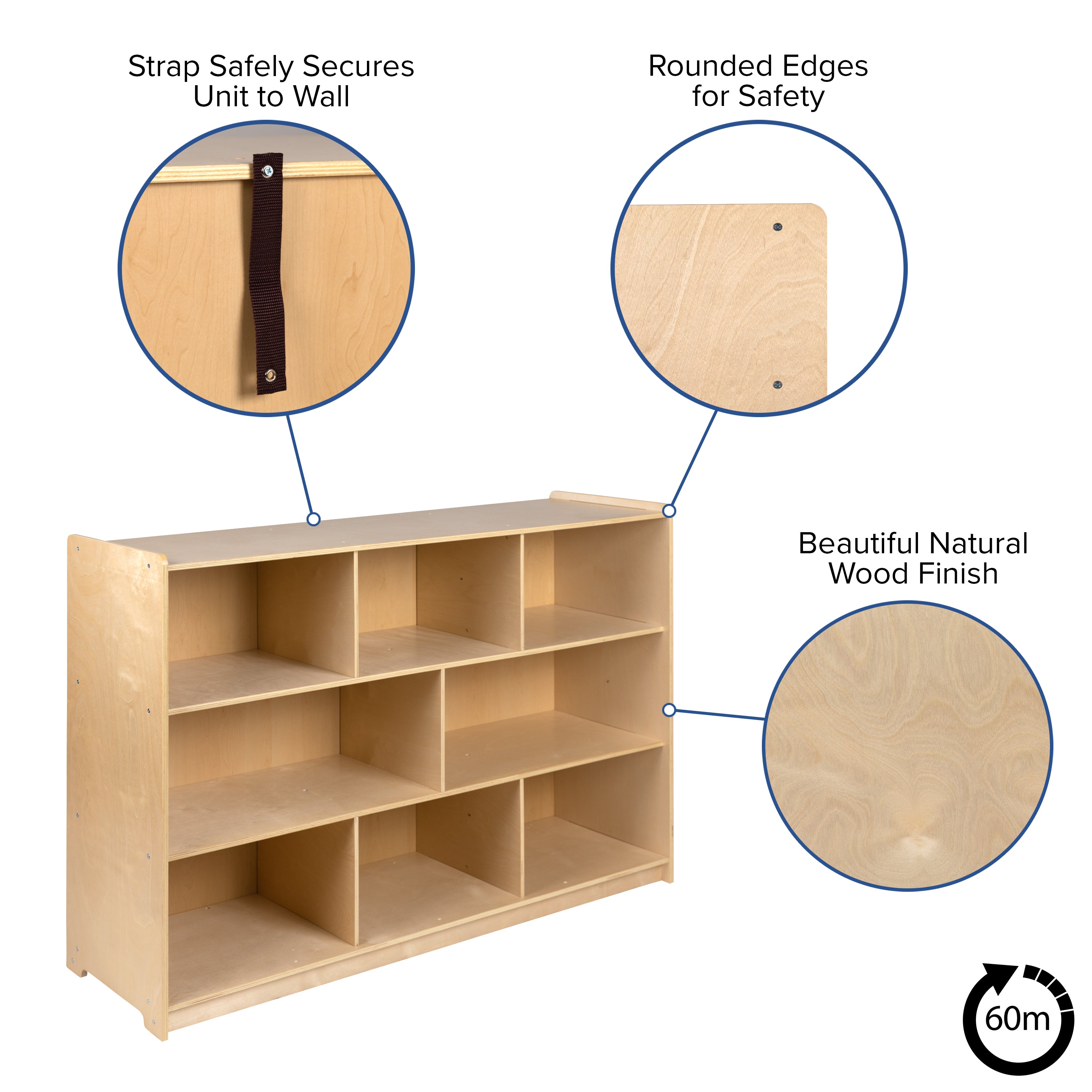 Hercules Wooden 8 Section School Classroom Storage Cabinet for Commercial or Home Use - Safe, Kid Friendly Design - 36"H (Natural)