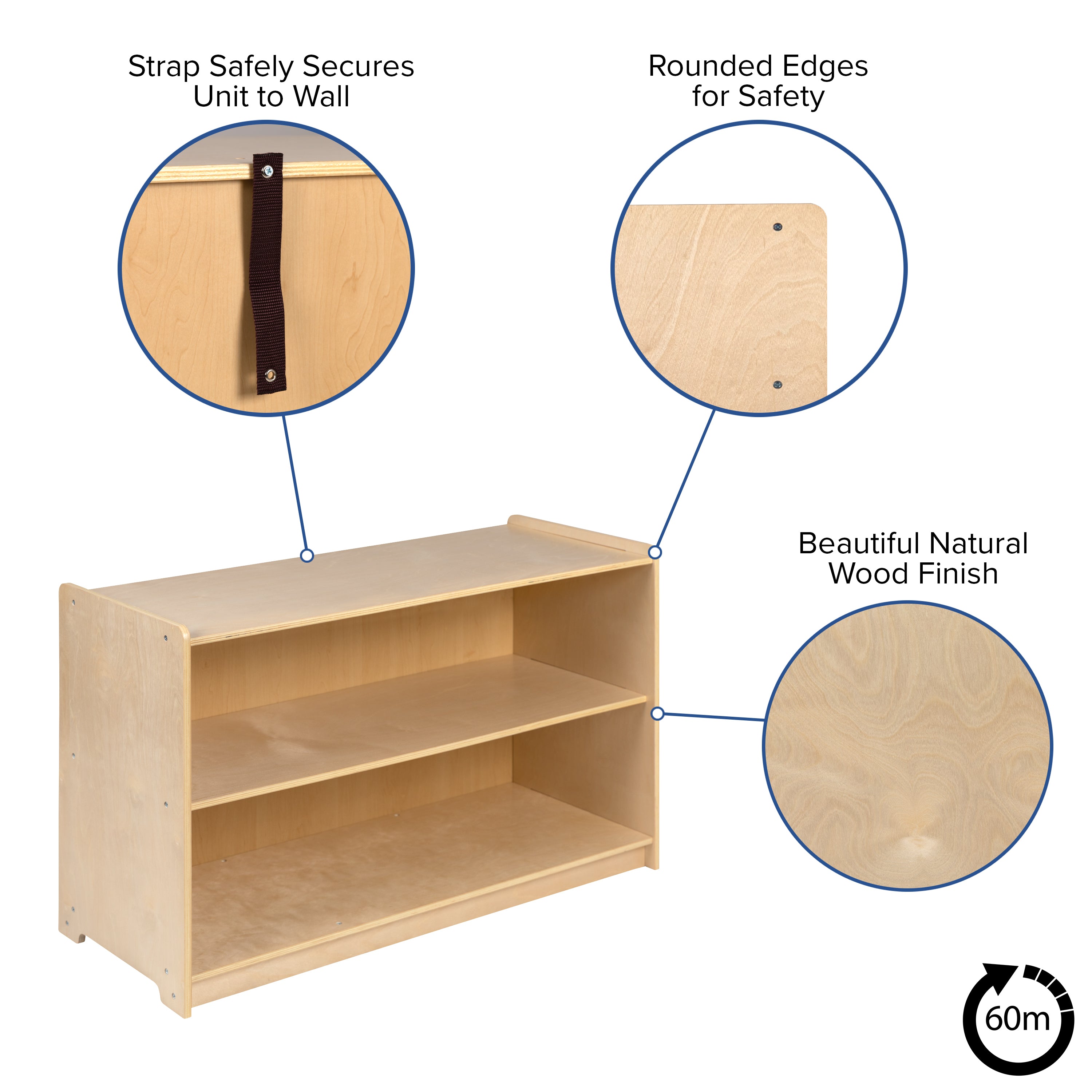 Hercules Wooden 2 Section School Classroom Storage Cabinet for Commercial or Home Use - Safe, Kid Friendly Design - 24"H x 36"L (Natural)
