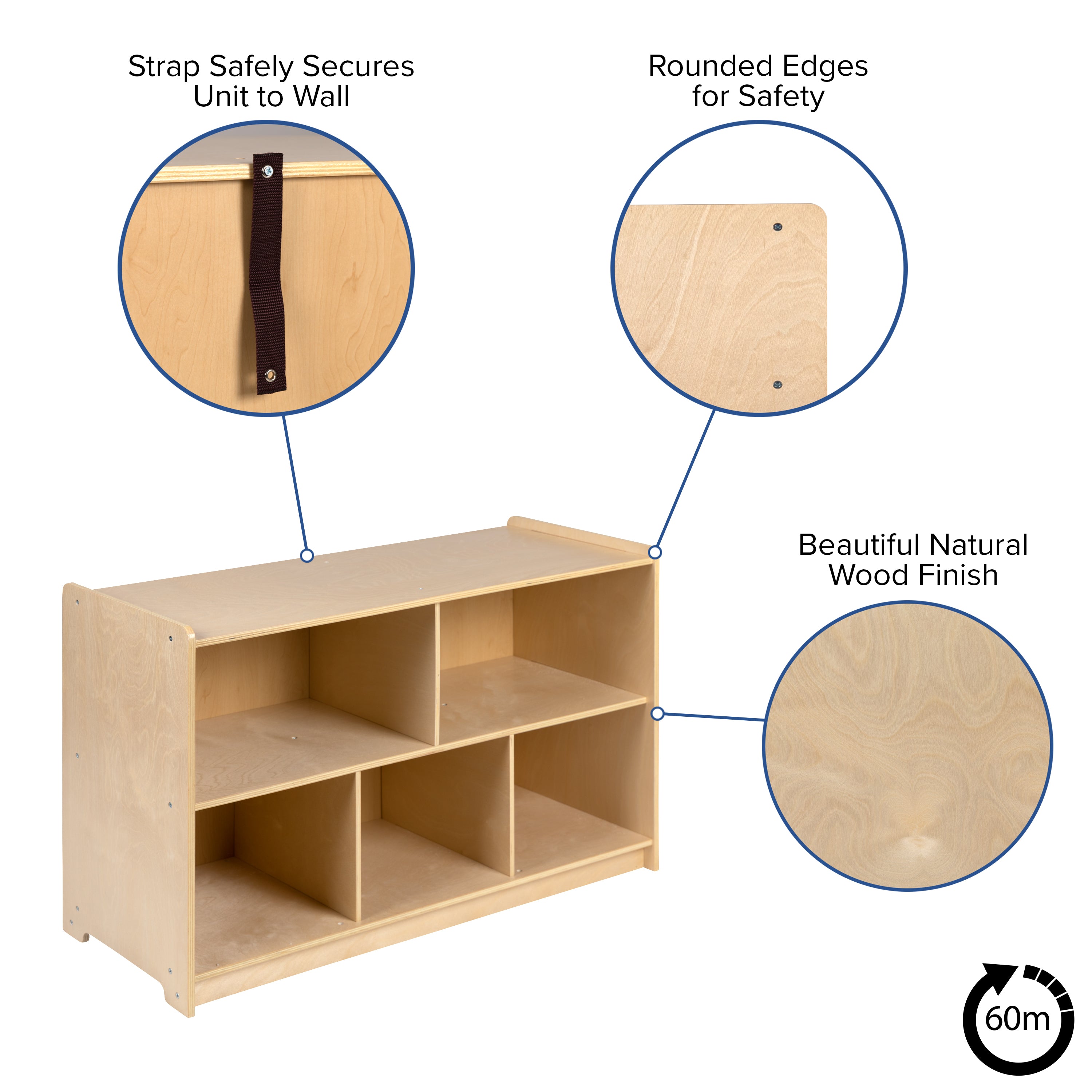 Hercules Wooden 5 Section School Classroom Storage Cabinet for Commercial or Home Use - Safe, Kid Friendly Design - 24"H x 36"L (Natural)