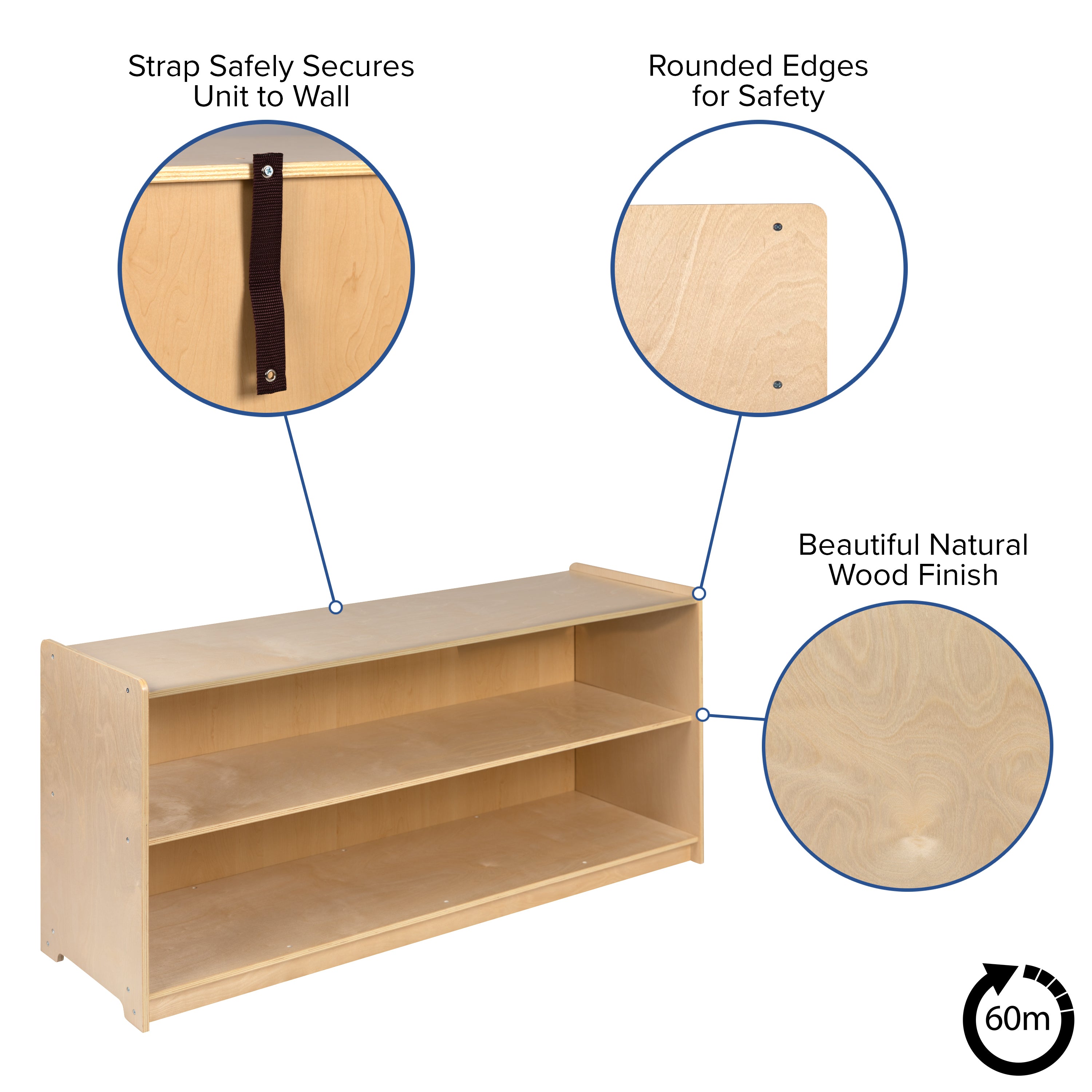 Hercules Wooden 2 Section School Classroom Storage Cabinet for Commercial or Home Use - Safe, Kid Friendly Design - 24"H x 48"L (Natural)
