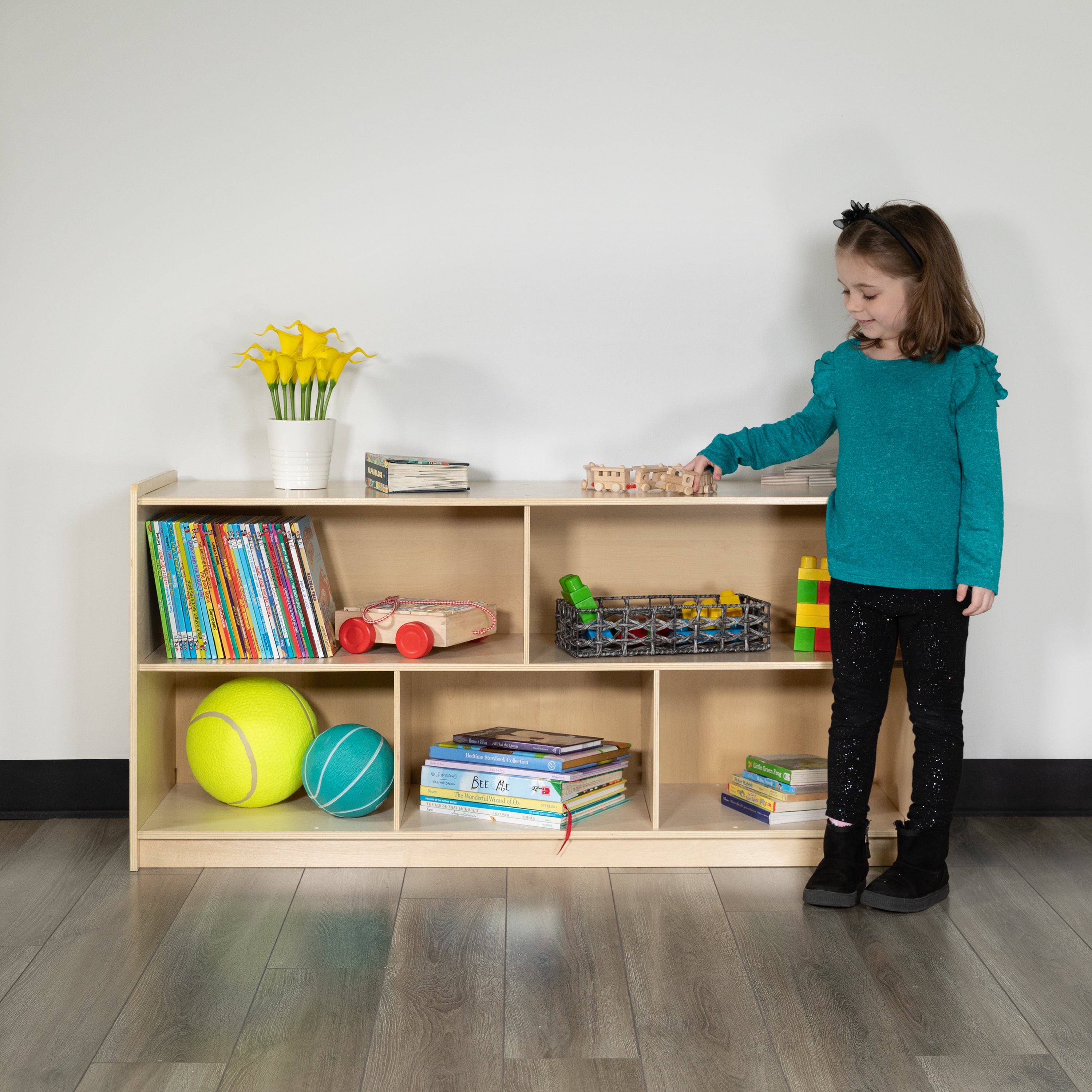 Hercules Wooden 5 Section School Classroom Storage Cabinet for Commercial or Home Use - Safe, Kid Friendly Design - 24"H x 48"L (Natural)
