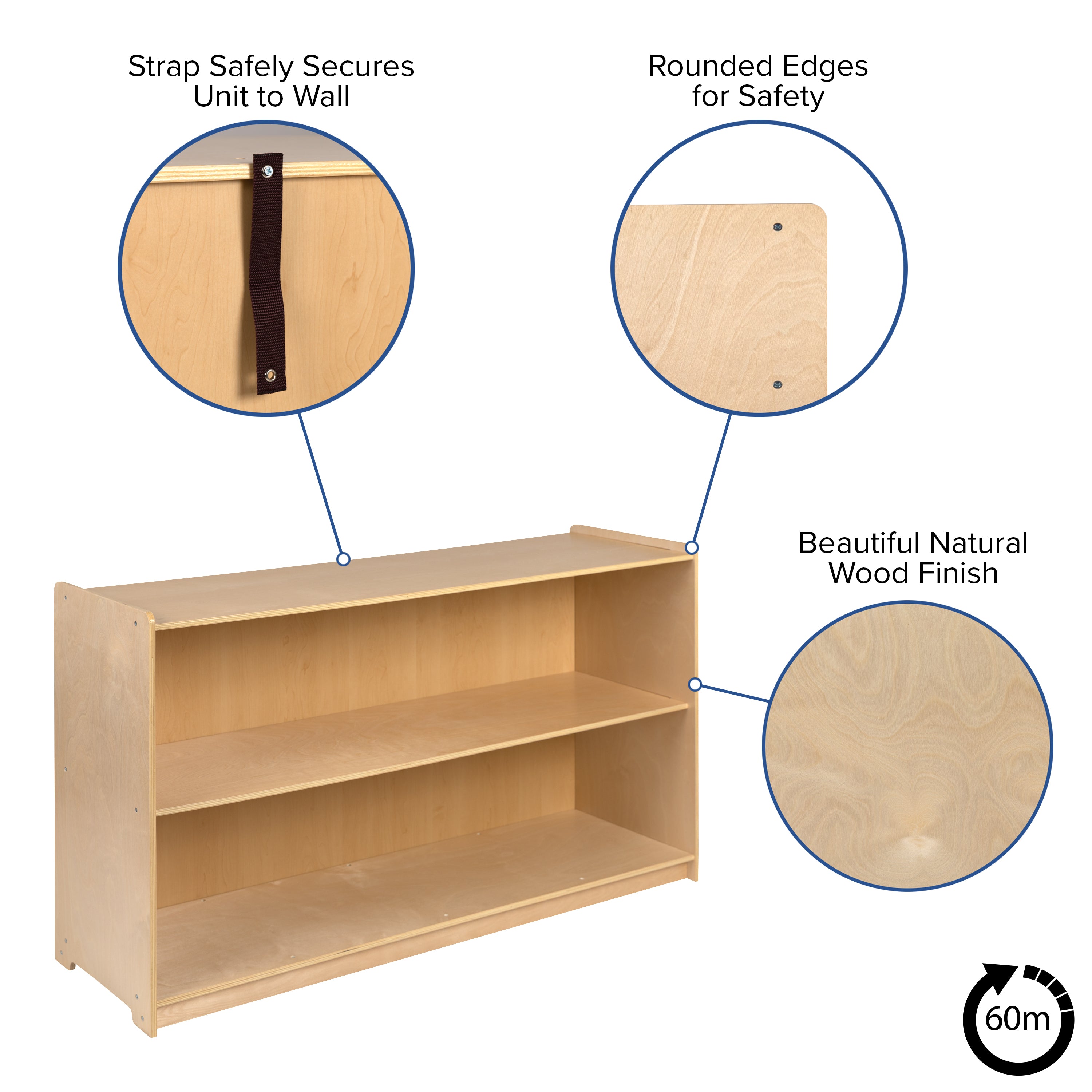 Hercules Wooden 2 Section School Classroom Storage Cabinet for Commercial or Home Use - Safe, Kid Friendly Design - 30"H x 48"L (Natural)