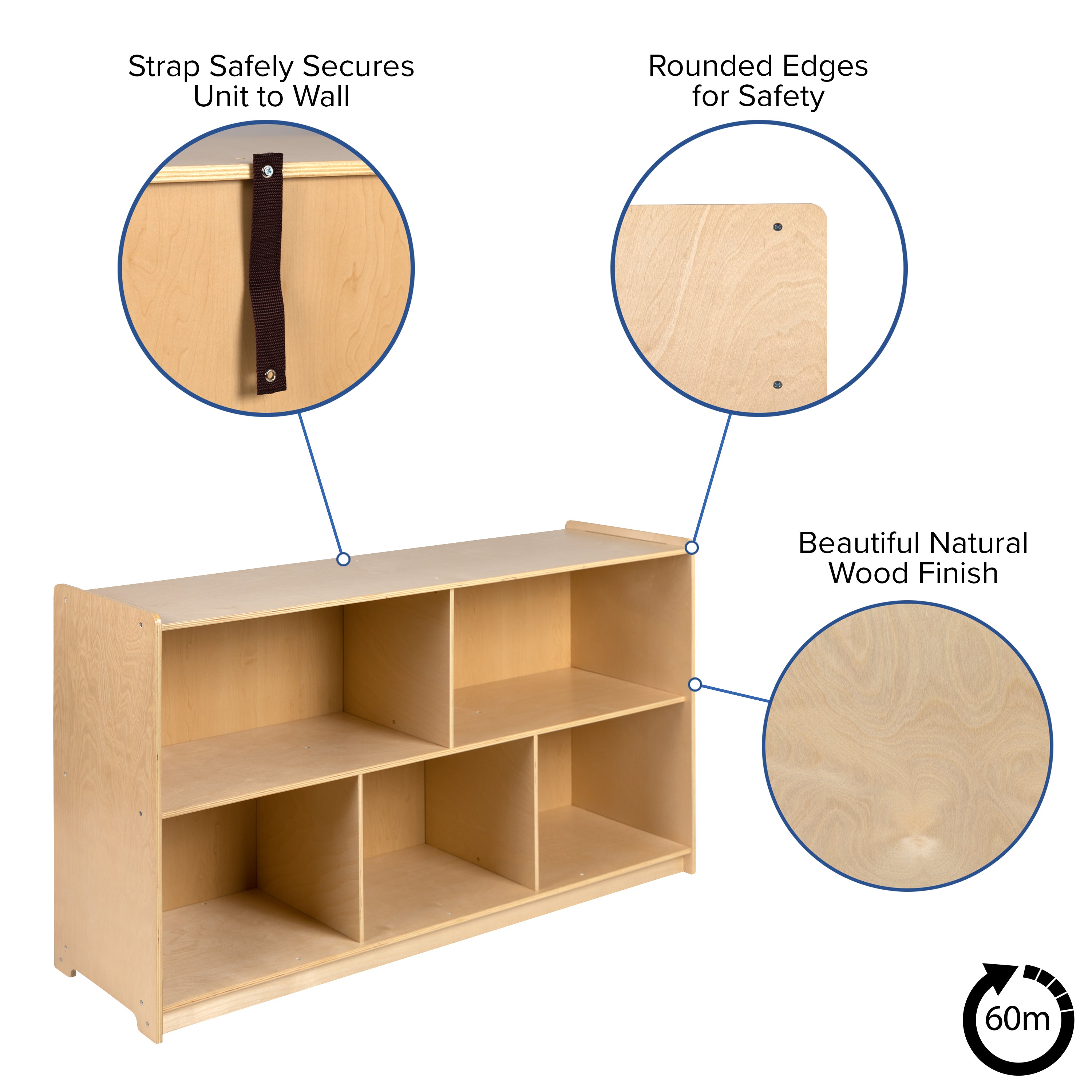 Hercules Wooden 5 Section School Classroom Storage Cabinet for Commercial or Home Use - Safe, Kid Friendly Design - 30"H x 48"L (Natural)