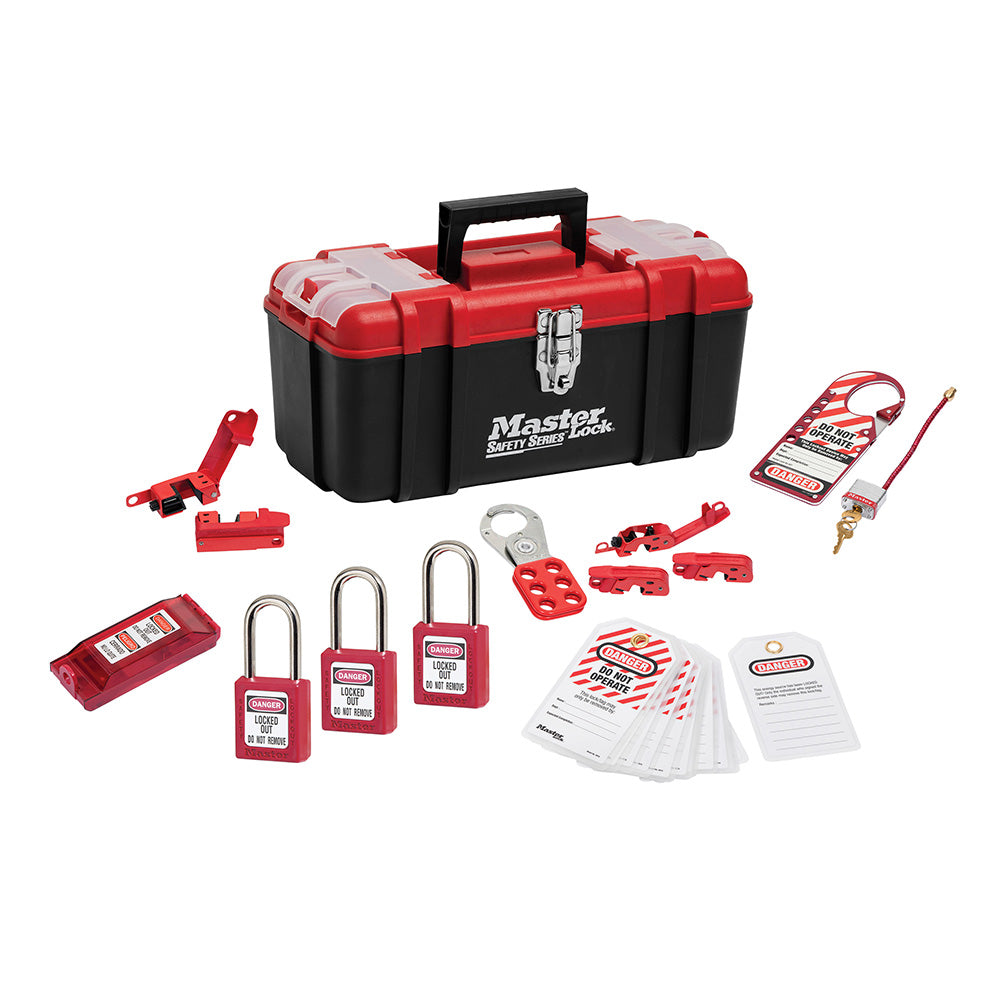 Lockout Toolbox with Standard Electrical Device Assortment and three Zenex™ Thermoplastic Padlocks