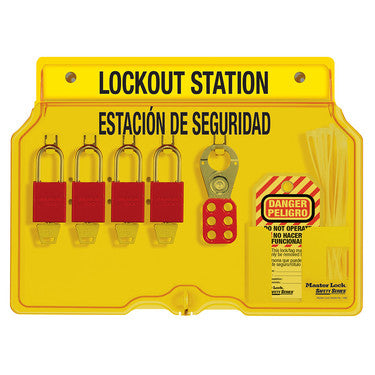 Spanish/English 4-Lock Station. A1106RED Aluminum Padlocks.