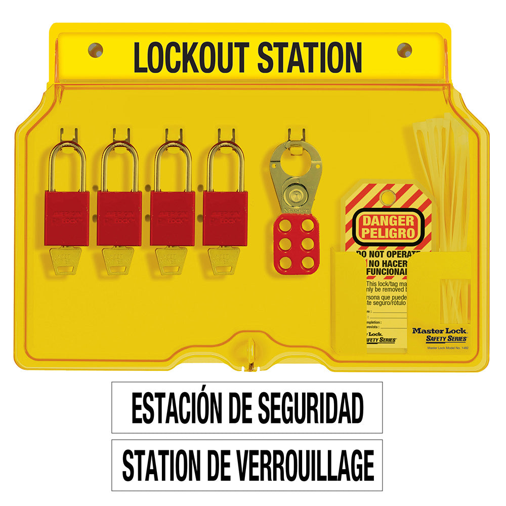 Spanish/English 4-Lock Station. A1106RED Aluminum Padlocks.
