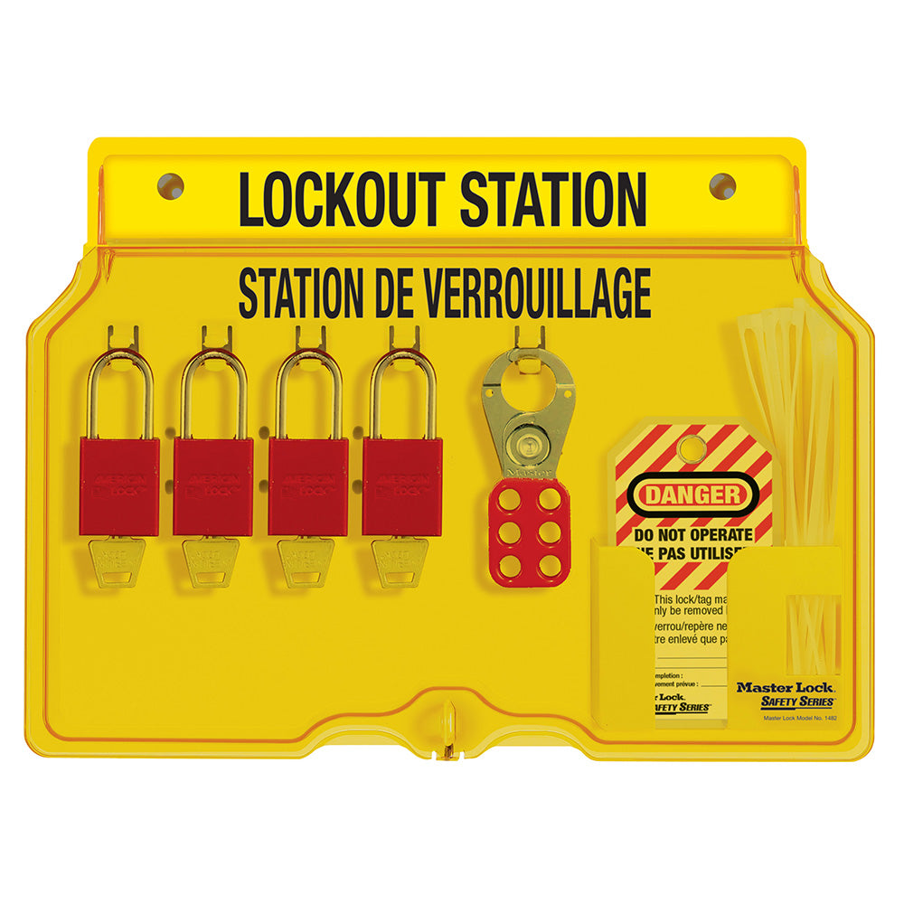 French/English 4-Lock Station. A1106RED Aluminum Padlocks.