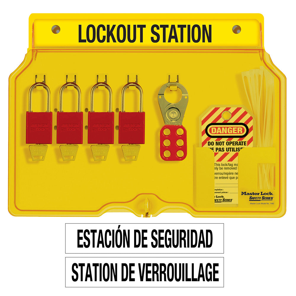 French/English 4-Lock Station. A1106RED Aluminum Padlocks.