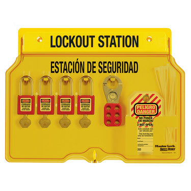 Spanish/English 4-Lock Station. 410RED Zenex™ Thermoplastic Padlocks.