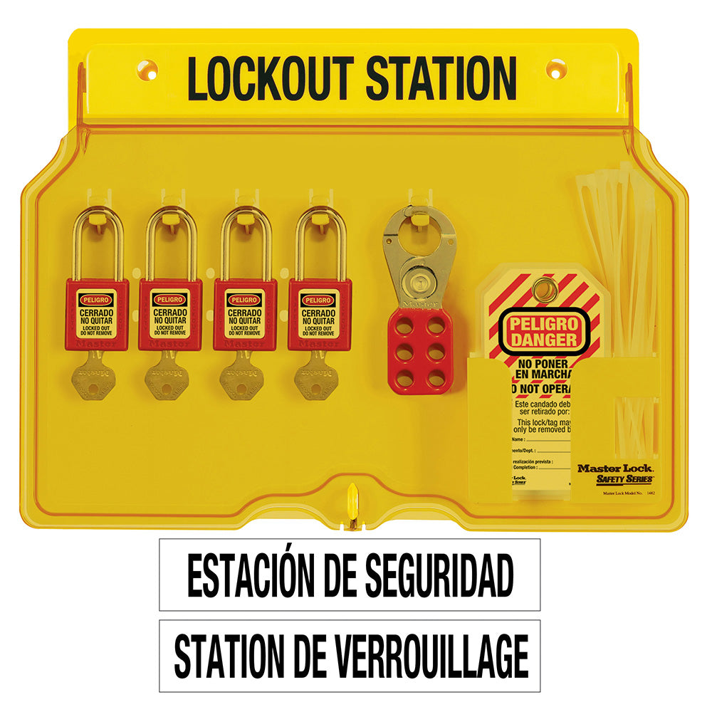 Spanish/English 4-Lock Station. 410RED Zenex™ Thermoplastic Padlocks.