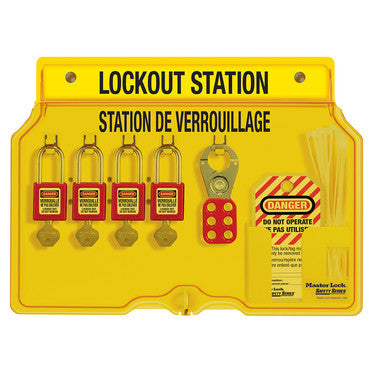 French/English 4-Lock Station. 410RED Zenex™ Thermoplastic Padlocks.