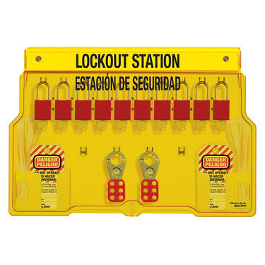 Spanish/English 10-Lock Station. A1106RED Aluminum Padlocks.