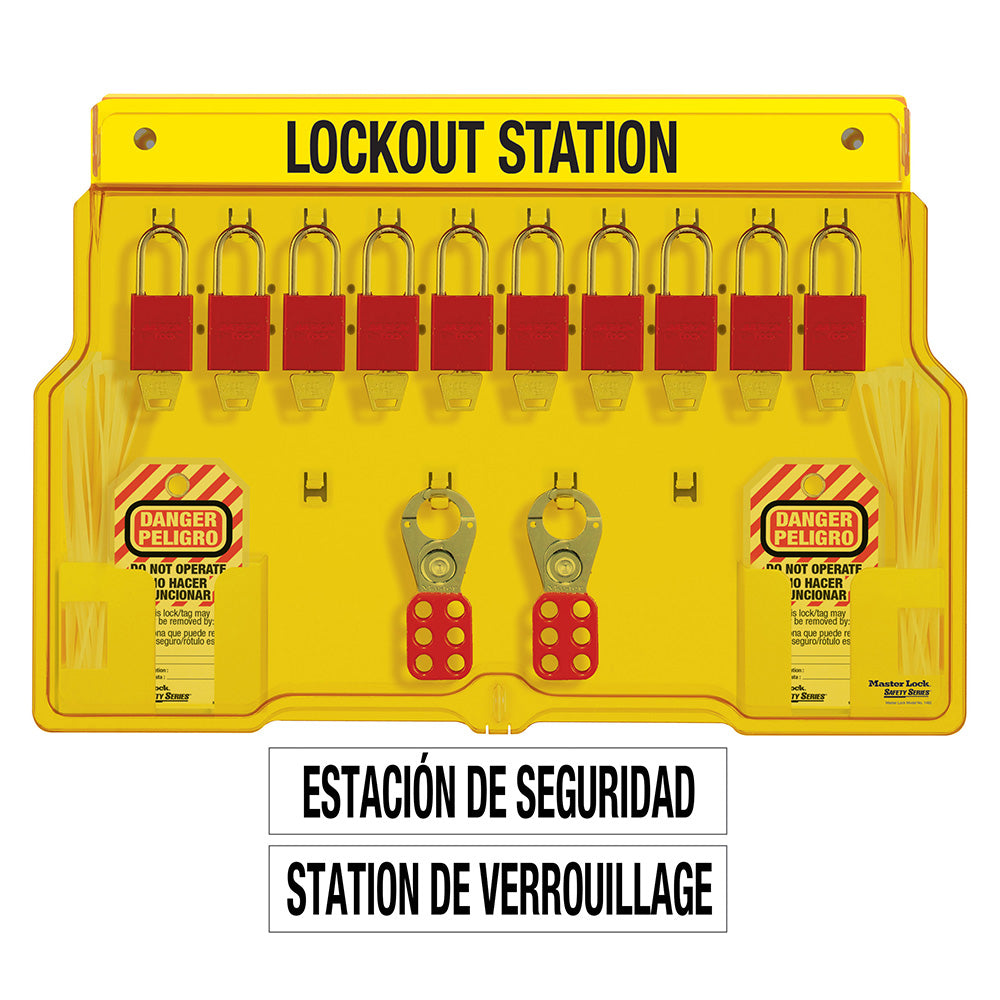 Spanish/English 10-Lock Station. A1106RED Aluminum Padlocks.