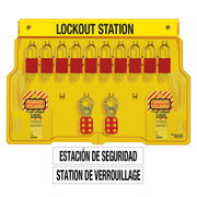 Spanish/English 10-Lock Station. A1106RED Aluminum Padlocks.