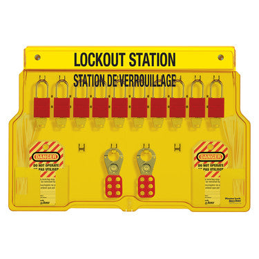 French/English 10-Lock Station. A1106RED Aluminum Padlocks.