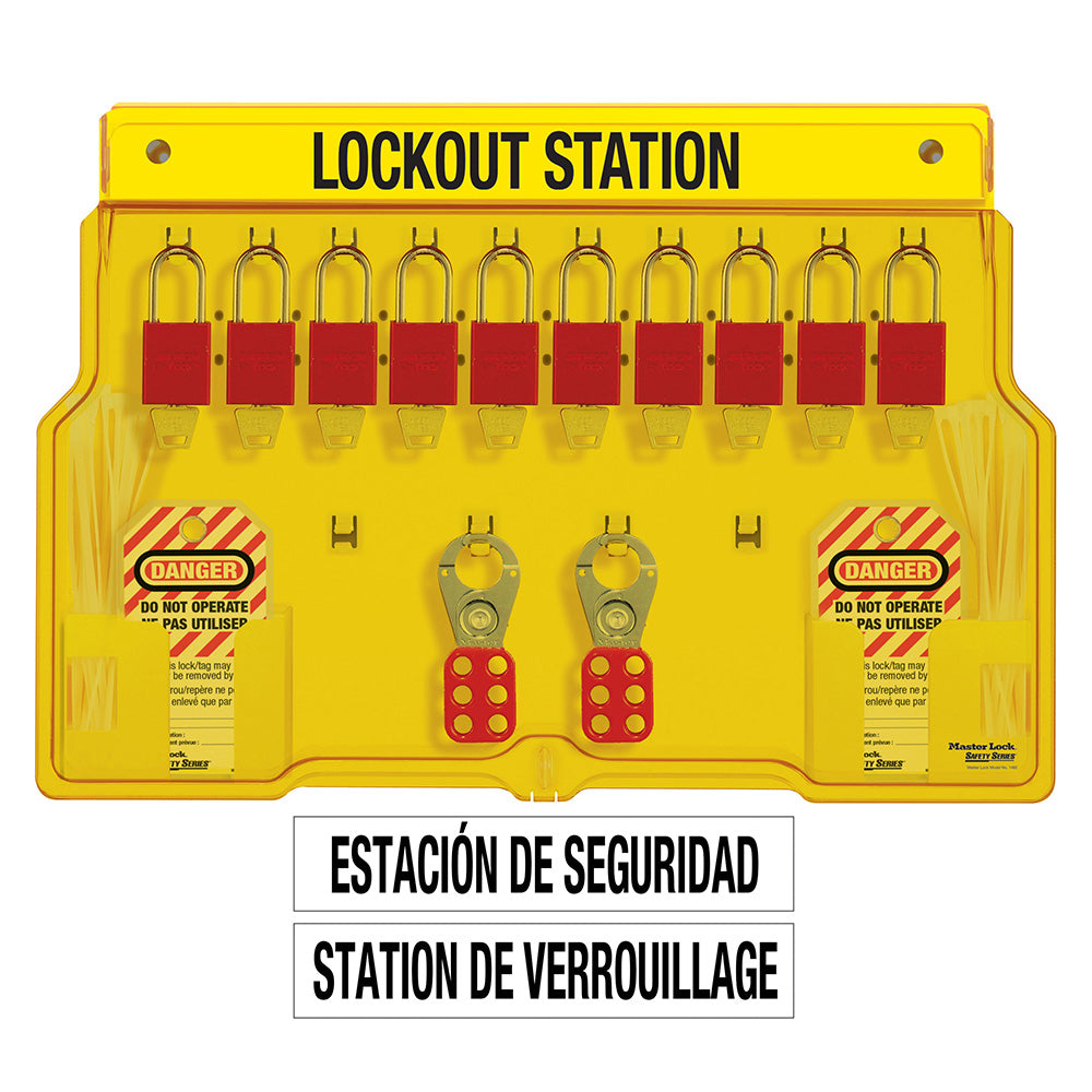 French/English 10-Lock Station. A1106RED Aluminum Padlocks.