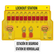 French/English 10-Lock Station. A1106RED Aluminum Padlocks.