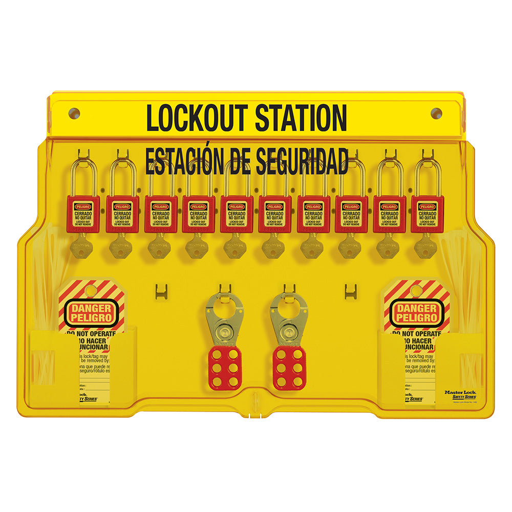 Spanish/English 10-Lock Station. 410RED Zenex™ Thermoplastic Padlocks.