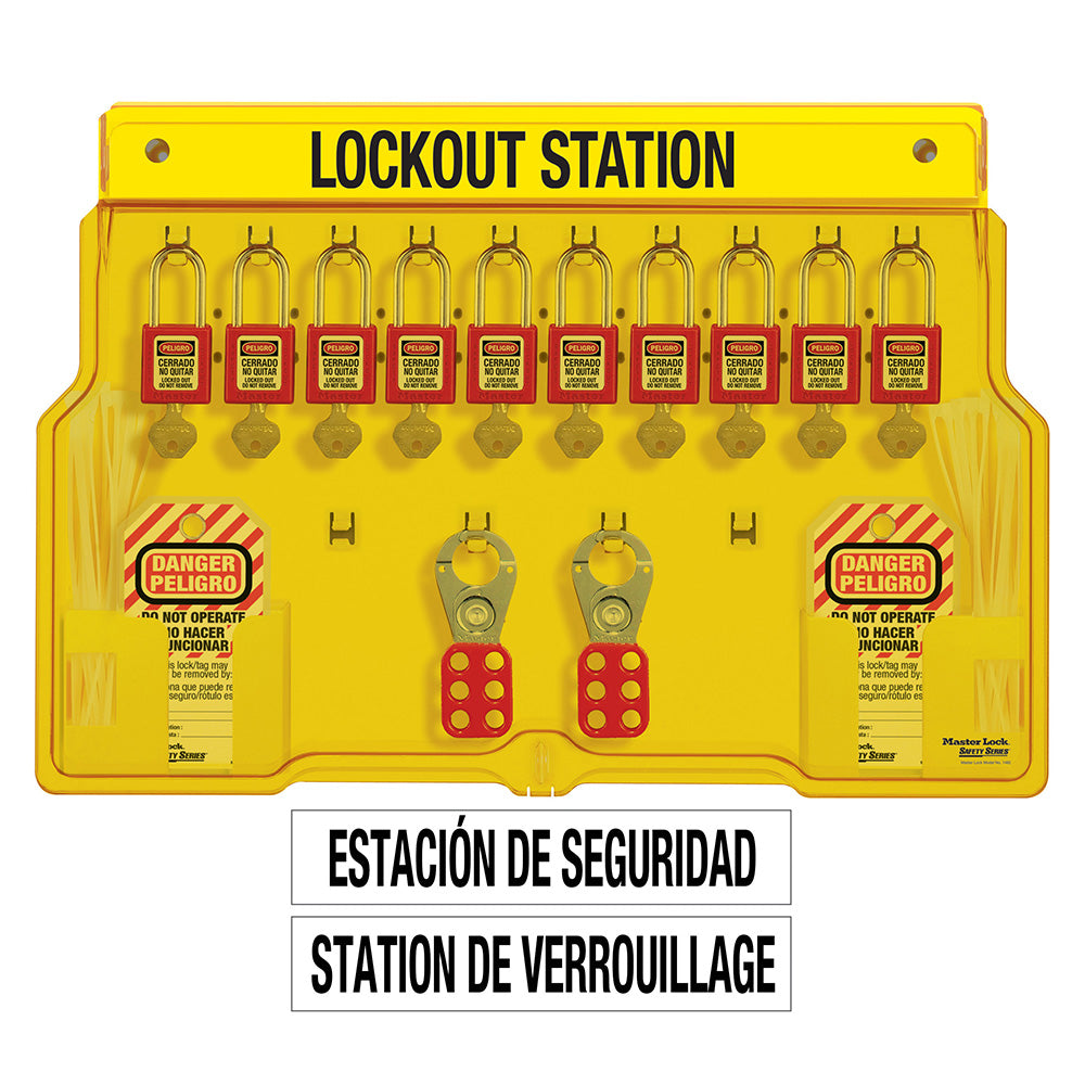 Spanish/English 10-Lock Station. 410RED Zenex™ Thermoplastic Padlocks.