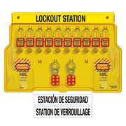 Spanish/English 10-Lock Station. 410RED Zenex™ Thermoplastic Padlocks.