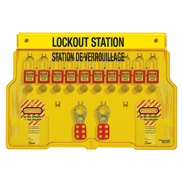 French/English 10-Lock Station. 410RED Zenex™ Thermoplastic Padlocks.