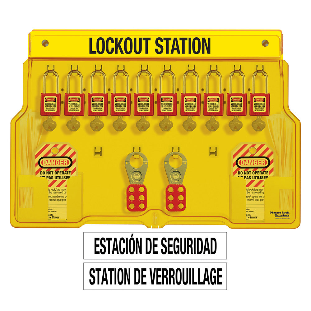 French/English 10-Lock Station. 410RED Zenex™ Thermoplastic Padlocks.