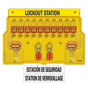 French/English 10-Lock Station. 410RED Zenex™ Thermoplastic Padlocks.