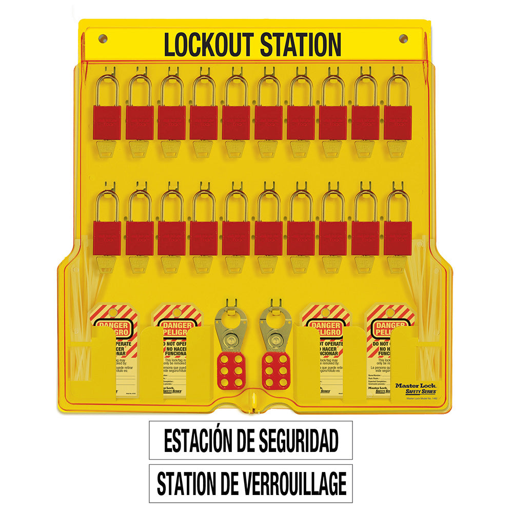 Spanish/English 20-Lock Station. A1106RED Aluminum Padlocks.