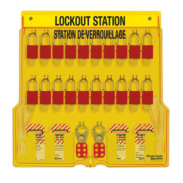 French/English 20-Lock Station. A1106RED Aluminum Padlocks.