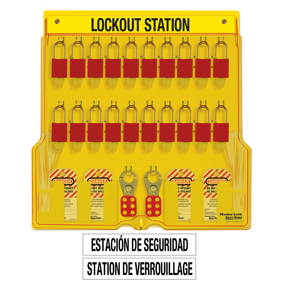 French/English 20-Lock Station. A1106RED Aluminum Padlocks.