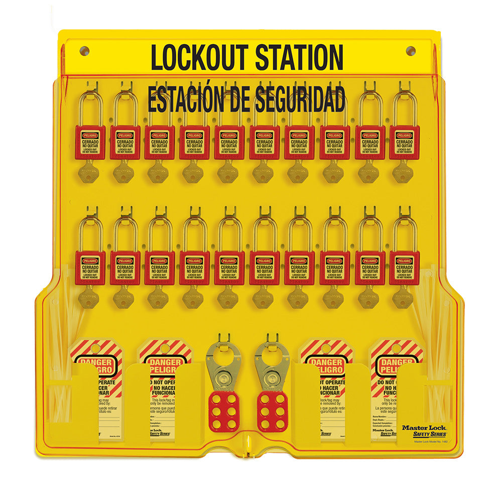 Spanish/English 20-Lock Station. 410RED Zenex™ Thermoplastic Padlocks.