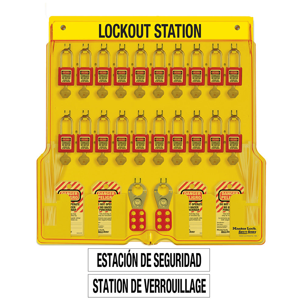 Spanish/English 20-Lock Station. 410RED Zenex™ Thermoplastic Padlocks.