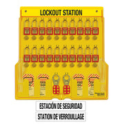 Spanish/English 20-Lock Station. 410RED Zenex™ Thermoplastic Padlocks.