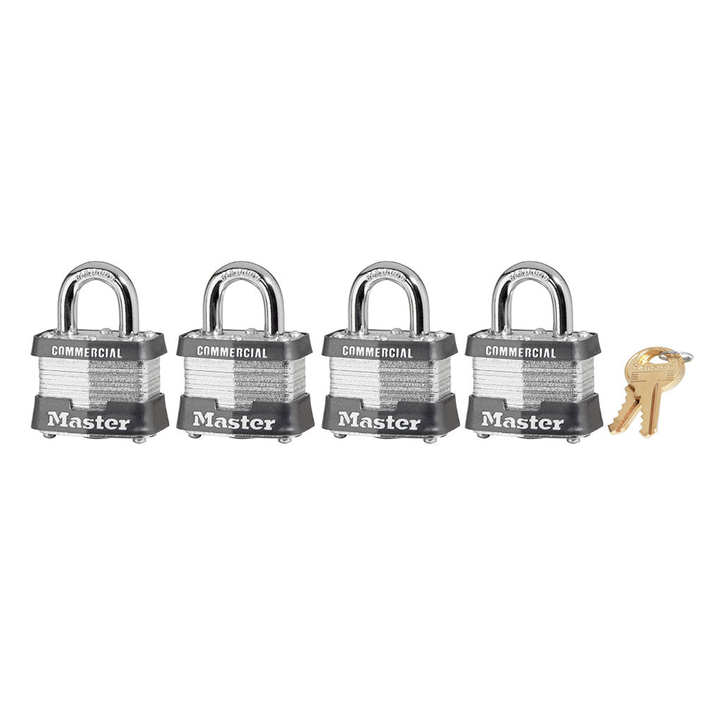 1-9/16in (40mm) Wide Laminated Steel Pin Tumbler Padlock, 4-Pack Keyed Alike