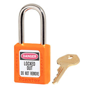 Orange Zenex™ Thermoplastic Safety Padlock, 1-1/2in (38mm) Wide with 1-1/2in (38mm) Tall Shackle, Keyed Alike Master Keyed W417 Cylinder