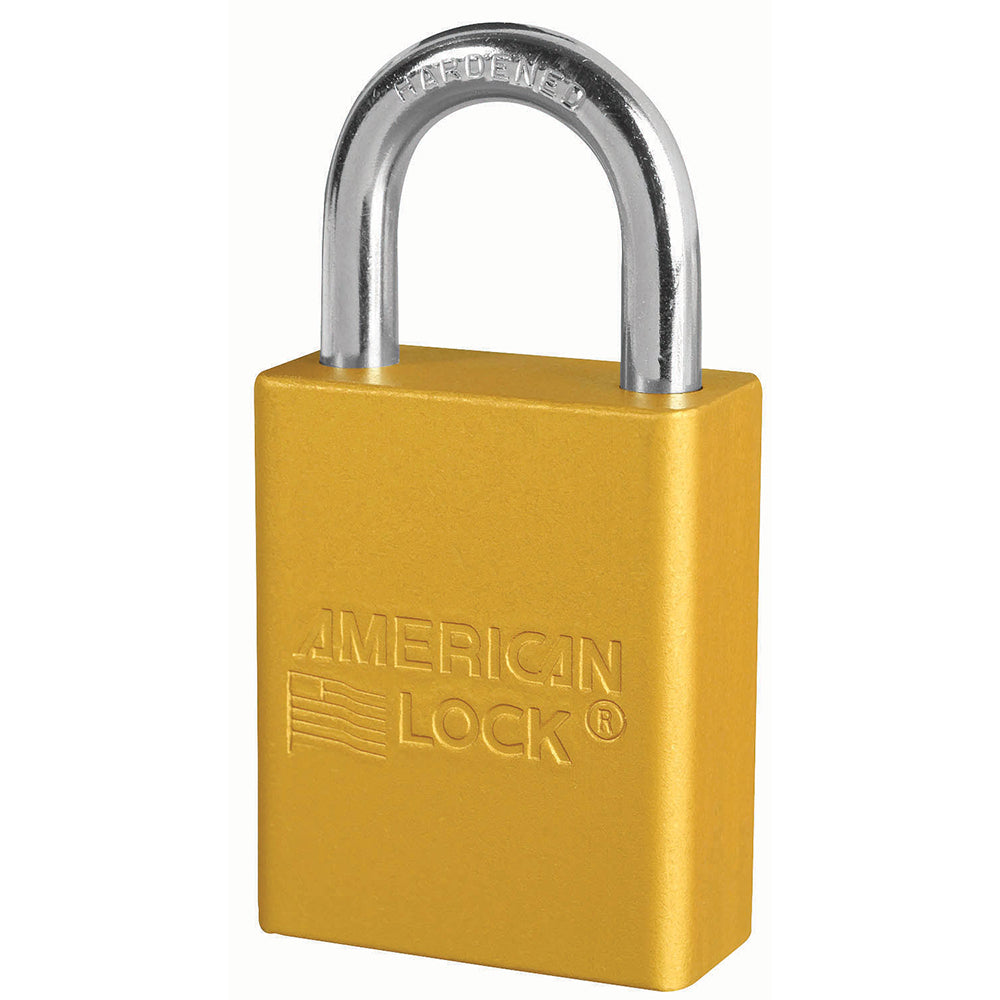 Yellow Anodized Aluminum Safety Padlock, 1-1/2in (38mm) Wide with 1in (25mm) Tall Shackle, 6-pin Cylinder, Keyed Alike