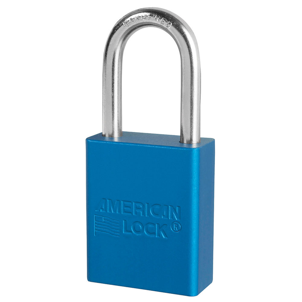 Blue Anodized Aluminum Safety Padlock, 1-1/2in (38mm) Wide with 1-1/2in (38mm) Tall Shackle, 6-pin Cylinder, Keyed Alike