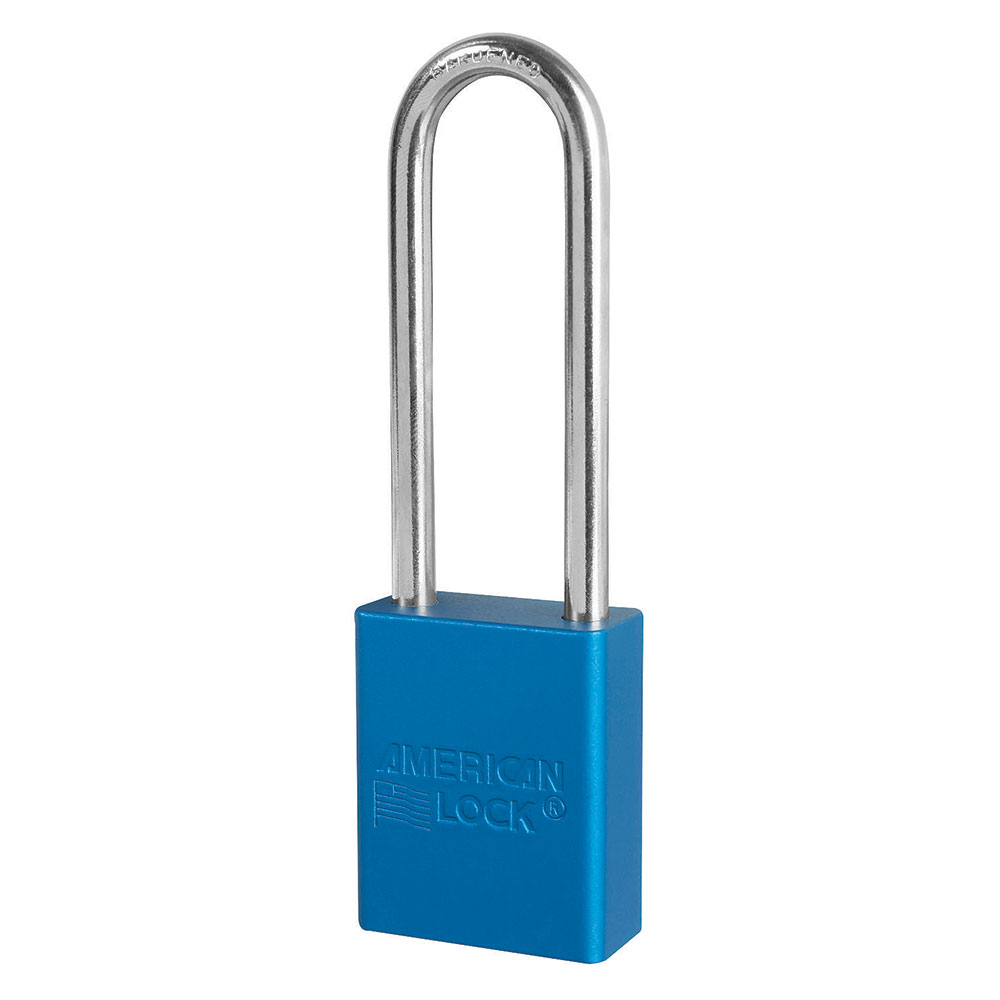 Blue Anodized Aluminum Safety Padlock, 1-1/2in (38mm) Wide with 3in (76mm) Tall Shackle, 6-pin Cylinder, Keyed Alike