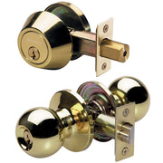 Ball Style Knob Entry Door Lock with Single Cylinder Deadbolt; Combo Pack; Polished Brass