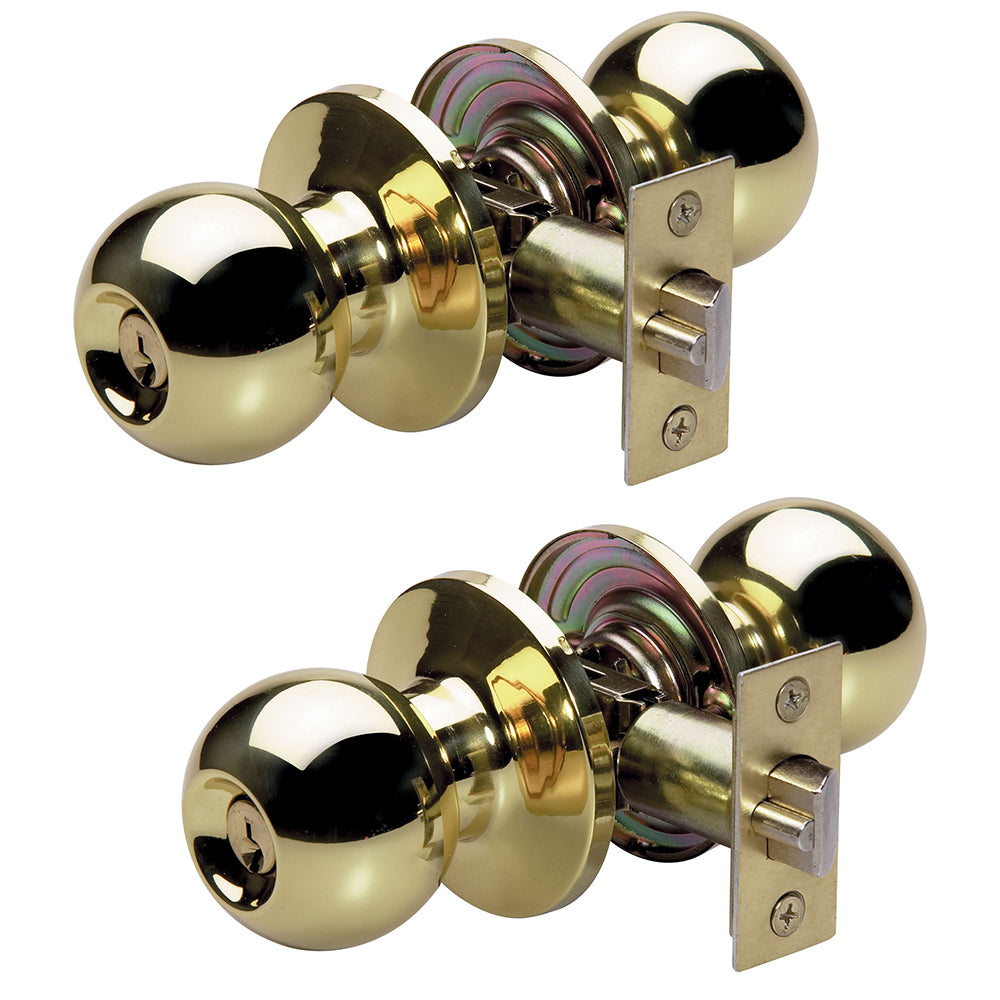 Ball Style Knob Entry Door Lock; Polished Brass; 2-Pack