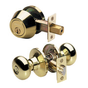 Biscuit Style Knob Entry Door Lock with Single Cylinder Deadbolt; Combo Pack; Polished Brass, KW1