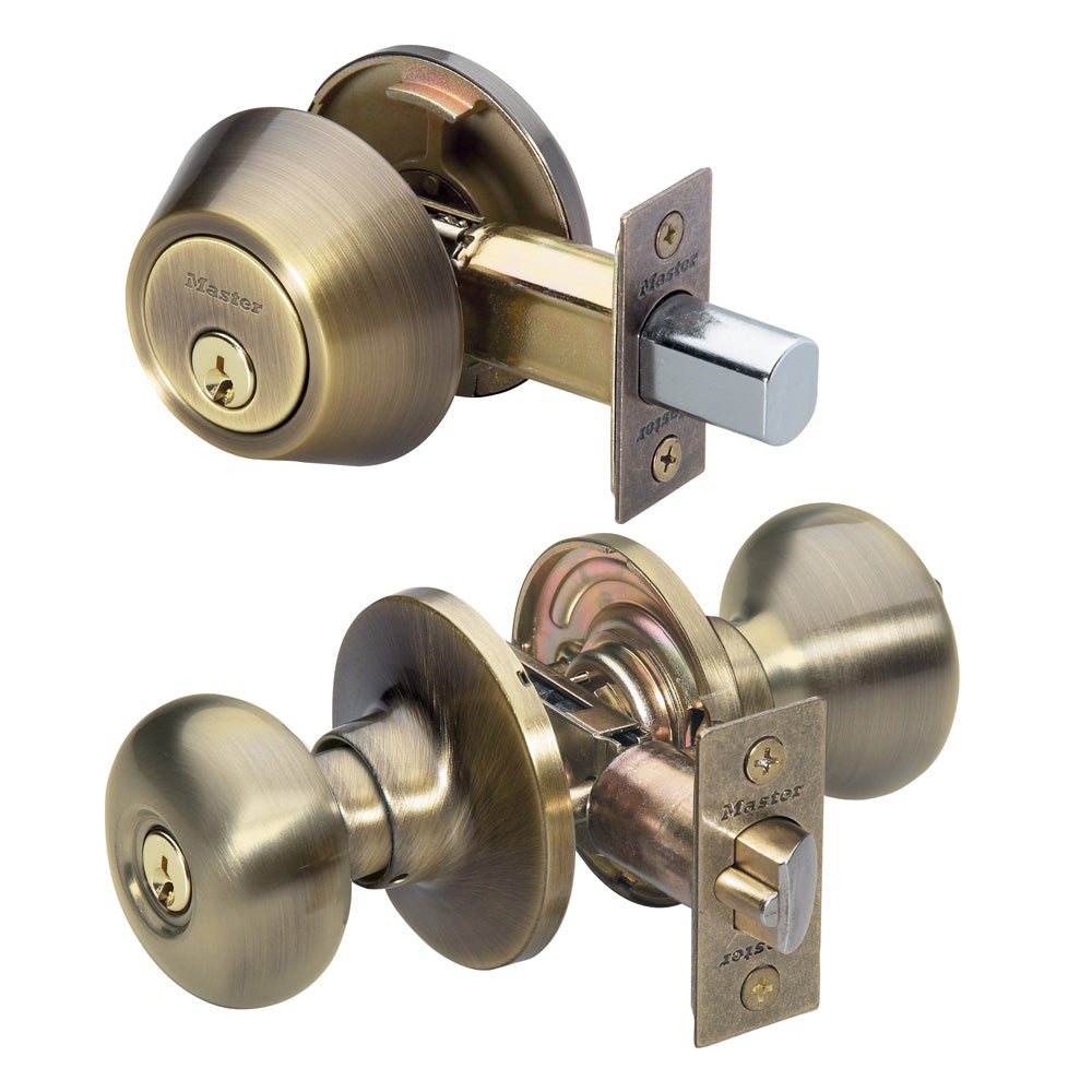 Biscuit Style Knob Entry Door Lock with Single Cylinder Deadbolt; Combo Pack; Antique Brass, SC1