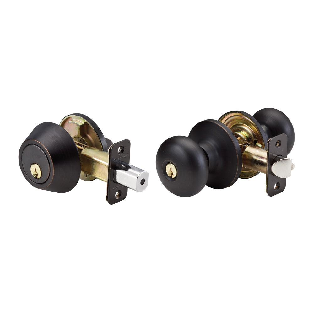 Biscuit Style Knob Entry Door Lock with Single Cylinder Deadbolt; Combo Pack; Aged Bronze, KW1