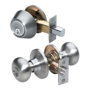 Biscuit Style Knob Entry Door Lock with Single Cylinder Deadbolt; Combo Pack; Satin Nickel, SC1