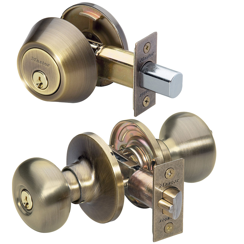 Biscuit Style Knob Entry Door Lock with Single Cylinder Deadbolt; Combo Pack; Antique Brass